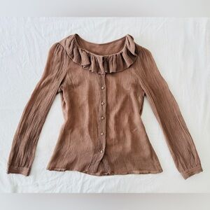 100% SILK Vintage VTG Ruffled Brown Women's Top Blouse